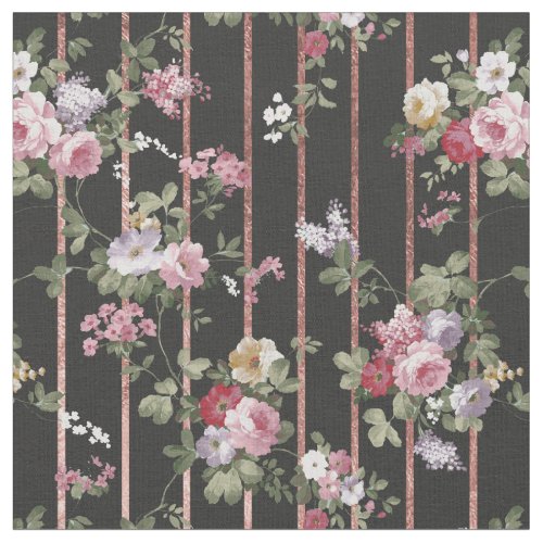 Elegant faux rose gold stripes pink vintage roses fabric