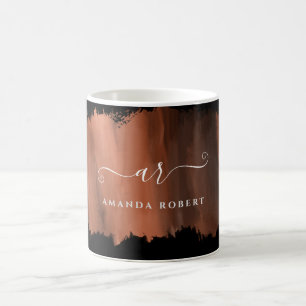 Elegant Faux Rose Gold Stroke Monogrammed Black Coffee Mug