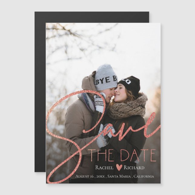 Elegant Faux Rose Gold Wedding Photo Save The Date Magnetic Invitation (Front/Back)