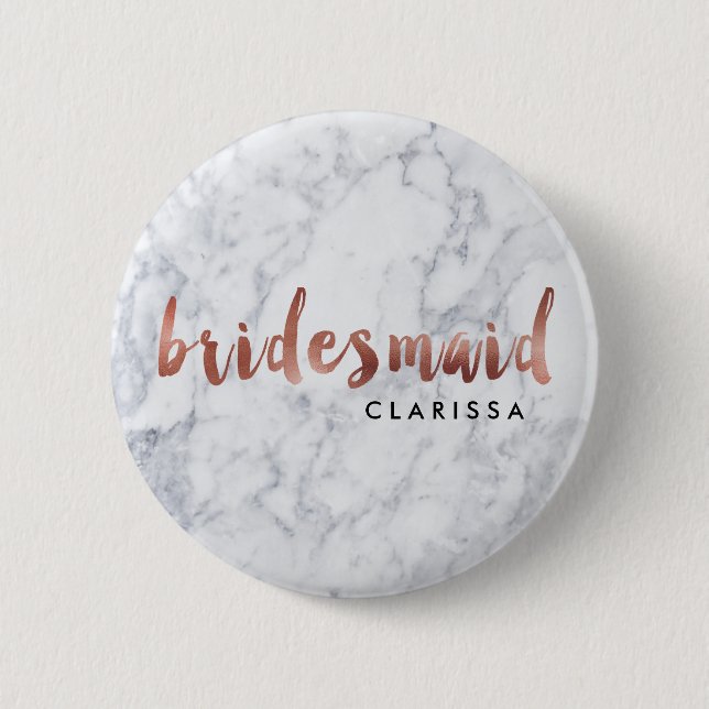 elegant faux rose gold white marble bridesmaid button (Front)