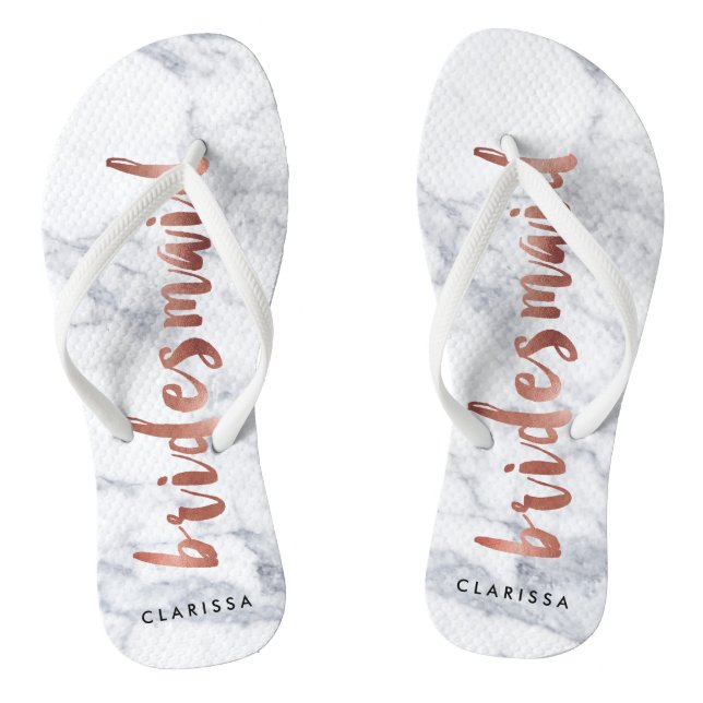 elegant faux rose gold white marble bridesmaid flip flops (Footbed)