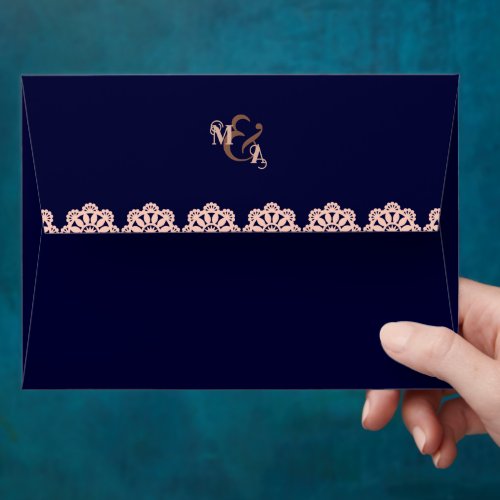 Elegant Faux Rose  Navy Initials Islamic Wedding Envelope