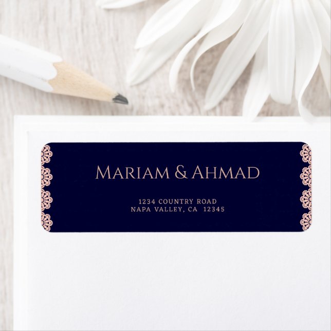 Elegant Faux Rose Navy Ornamental Wedding Address Label (Insitu)