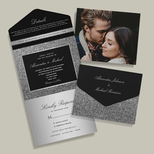 Elegant Faux Silver and Black Wedding All In One Invitation