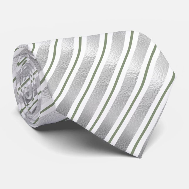 Elegant Faux Silver Foil and Sage Green Stripes Neck Tie (Rolled)