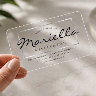 Elegant Faux Silver Foil Chic Script Transparent Clear Business Cards