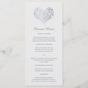 Elegant Faux Silver Foil Heart Slim Dinner Menu