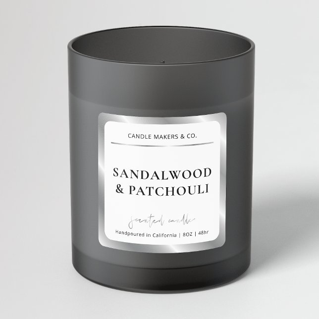 Elegant Faux Silver Foil Modern Candle Packaging Square Sticker (Elegant white and silver foil effect square product labels, great for jars, bottles or boxes)