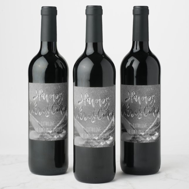 Elegant Faux Silver Foil Script Happy Christmas Wine Label (Bottles)