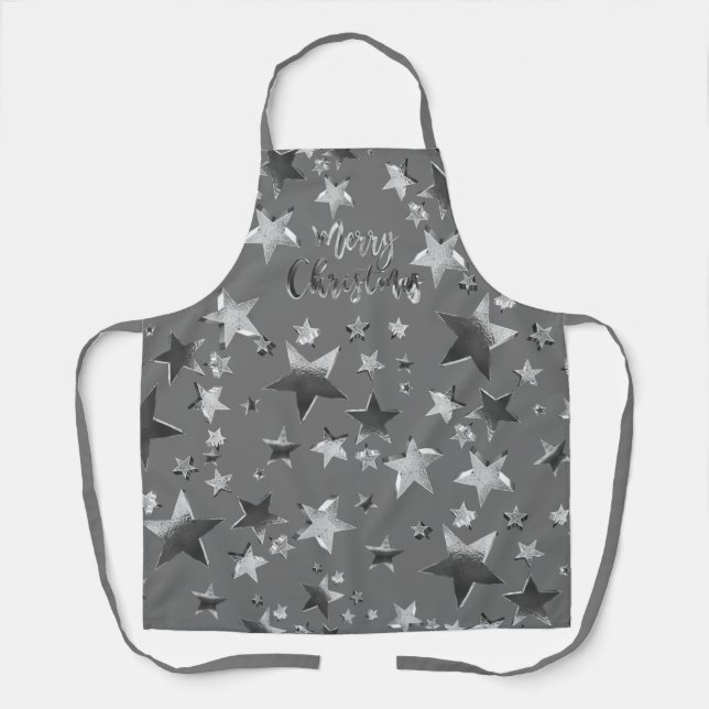 Elegant Faux Silver Gray Merry Christmas Stars Apron (Front)