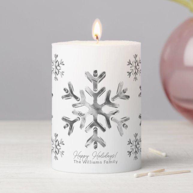 Elegant Faux Silver Gray Snowflakes Christmas Pillar Candle (In Situ)