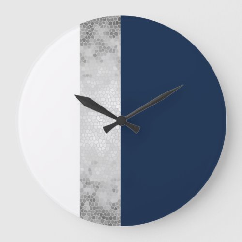 elegant faux silver navy blue white stripes large clock