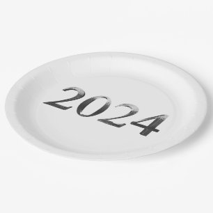 Elegant Faux Silver Numbers Happy New Year 2024 Paper Plates