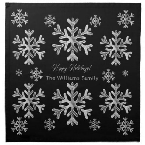 Elegant Faux Silver Snowflakes Christmas Black Cloth Napkin