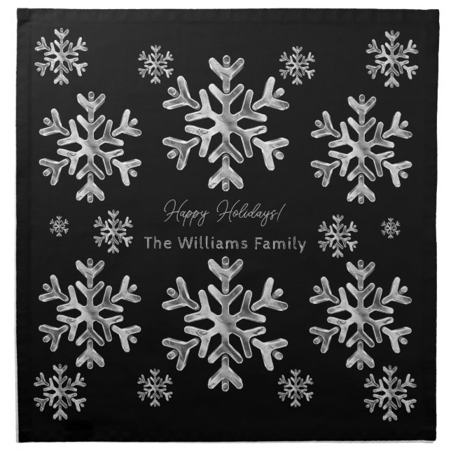 Elegant Faux Silver Snowflakes Christmas Black Cloth Napkin (Front)