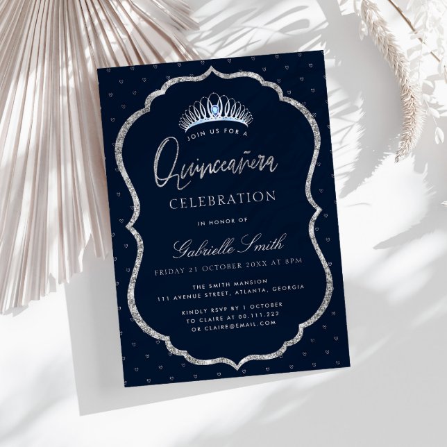 Elegant faux silver tiara Quinceanera invitation