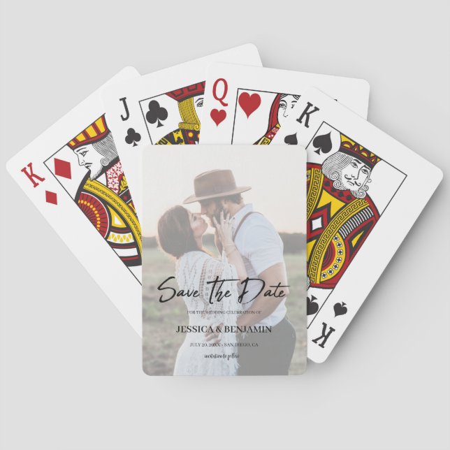 Elegant Faux Vellum Effect Photo Save The Date Poker Cards (Back)