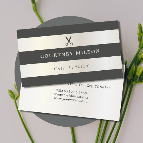 Elegant Faux White Gold Grey Stripes Hairstylist Business Card