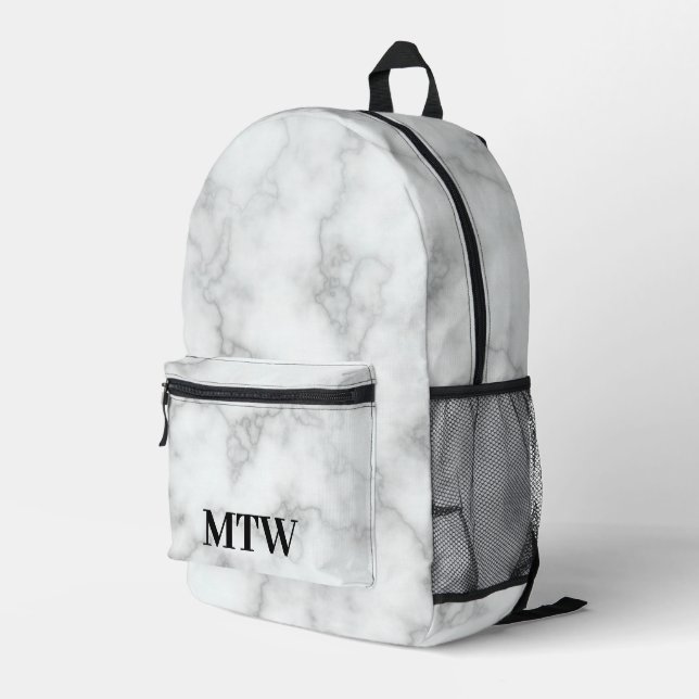Elegant Faux White Marble Black Monogram Initials Printed Backpack (Back Corner Right)