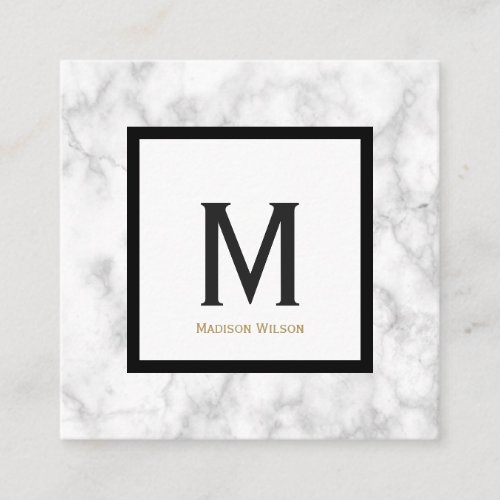 Elegant Faux White Marble Black Monogram Square Business Card
