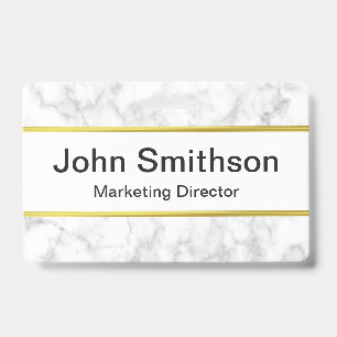 Elegant Faux White Marble Black Name Job Title Badge