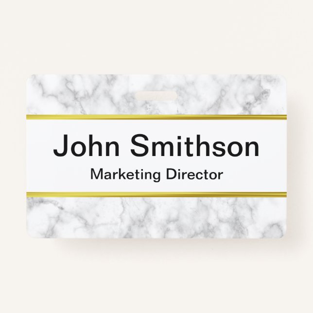 Elegant Faux White Marble Black Name Job Title Badge (Front)
