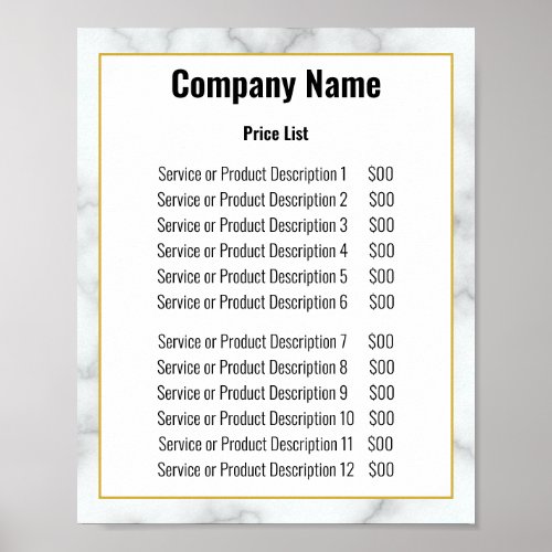 Elegant Faux White Marble Business Price List Poster