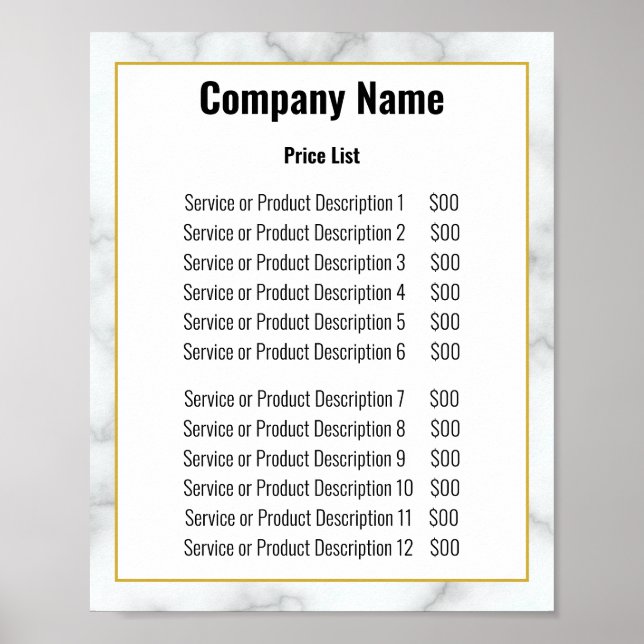 Elegant Faux White Marble Business Price List Poster (Front)