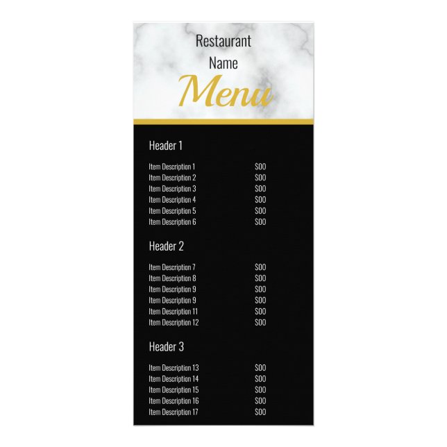 Elegant Faux White Marble Business Restaurant Menu (Front)