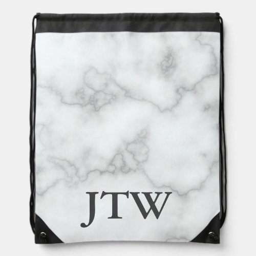 Elegant Faux White Marble Dark Gray Monogram Drawstring Bag