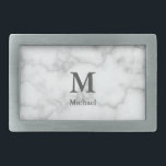 Elegant Faux White Marble Dark Gray Monogram Name Belt Buckle<br><div class="desc">A large,  dark gray monogram is above text for your name. You can personalize the dark gray text on this faux white marble belt buckle with your name and monogram.</div>