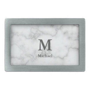 Elegant Faux White Marble Dark Gray Monogram Name Belt Buckle