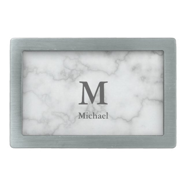 Elegant Faux White Marble Dark Gray Monogram Name Belt Buckle (Front)