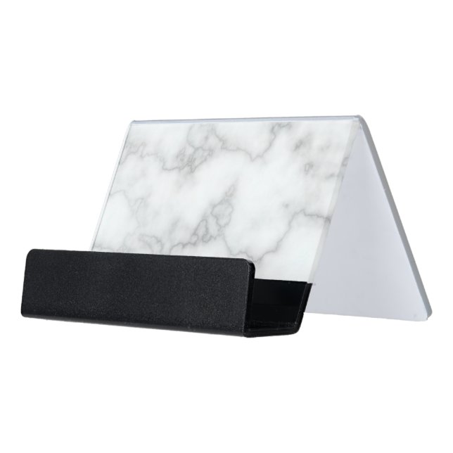 Elegant Faux White Marble Desk Business Card Holder (Angled Front)