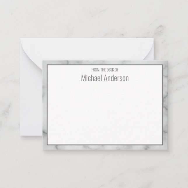 Elegant Faux White Marble From the Desk of Name Note Card (Front)