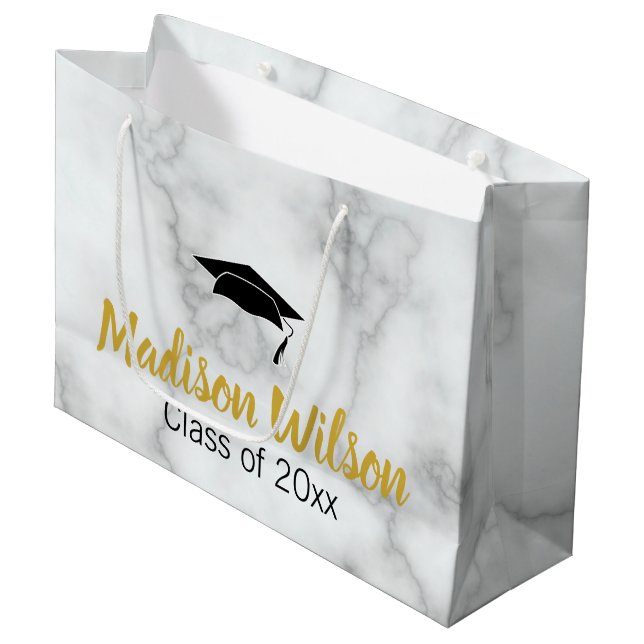 Elegant Faux White Marble Graduation Graduate Name Large Gift Bag (Front Angled)