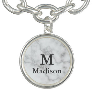Elegant Faux White Marble Gray Monogram & Name  Bracelet