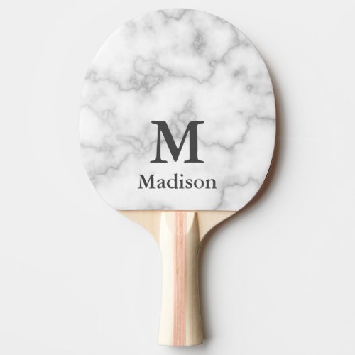 Elegant Faux White Marble Gray Monogram  Name Ping Pong Paddle