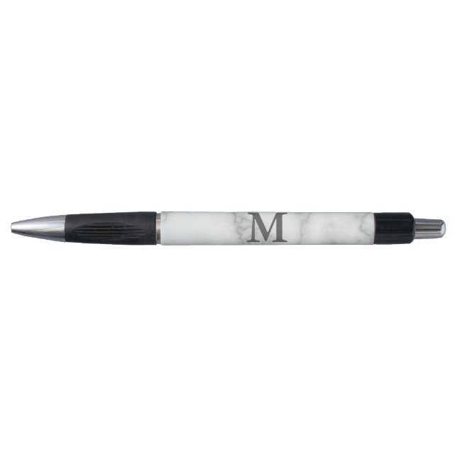 Elegant Faux White Marble Gray Name and Monogram Pen (Front)