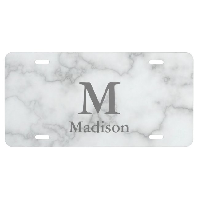 Elegant Faux White Marble Gray Text Name Monogram License Plate (Front)