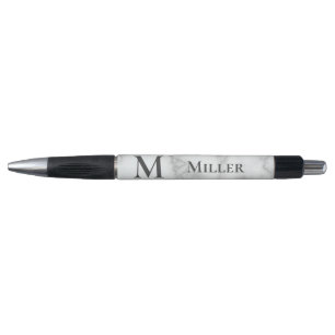 Elegant Faux White Marble Initial Monogram Name Pen