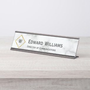 Elegant Faux White Marble Monogram Name Job Title Desk Name Plate