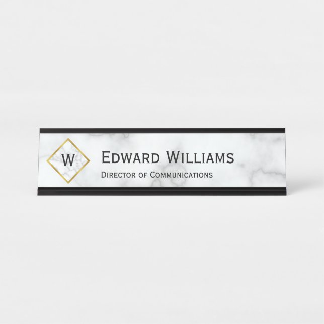 Elegant Faux White Marble Monogram Name Job Title Desk Name Plate (Front)
