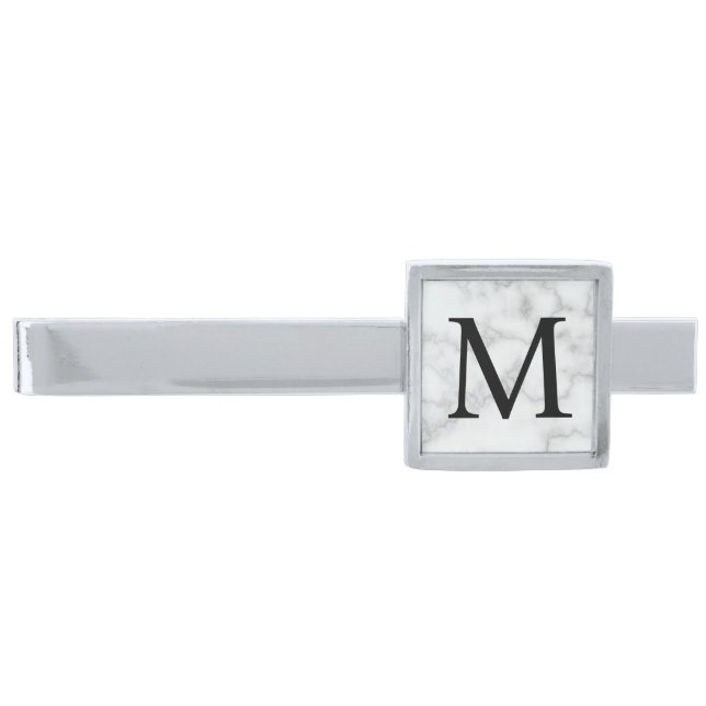 Elegant Faux White Marble Monogram Silver Finish Tie Bar (Front)