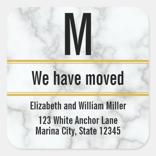 Elegant Faux White Marble Monogram We Have Moved Square Sticker