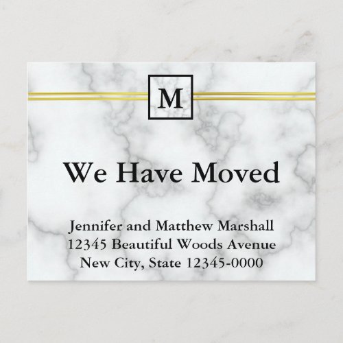 Elegant Faux White Marble Monogrammed Moving  Announcement Postcard