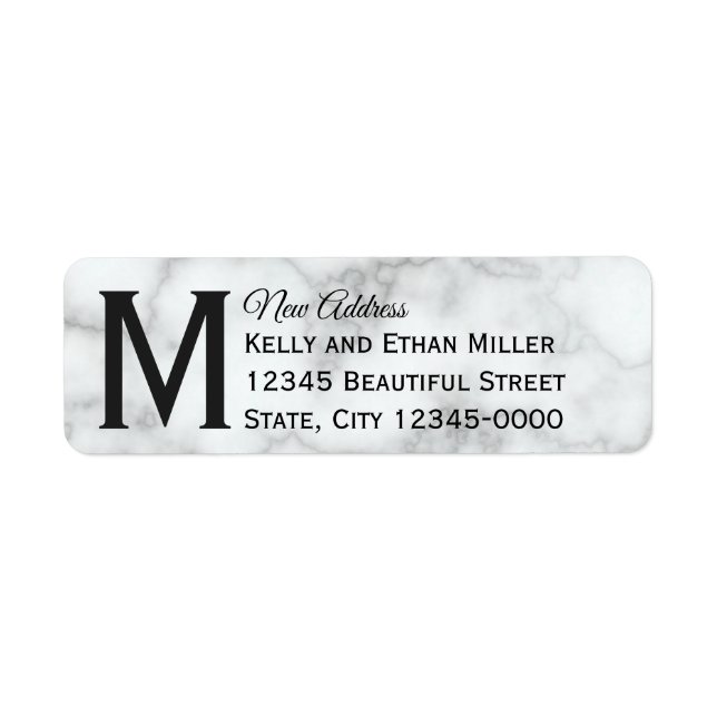 Elegant Faux White Marble Monogrammed New Address Label (Front)