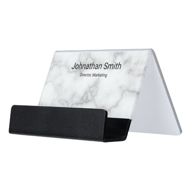 Elegant Faux White Marble Name Job Title Desk Business Card Holder (Angled Front)