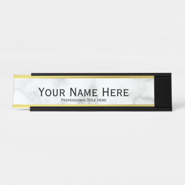 Elegant Faux White Marble Name Job Title Text Desk Name Plate (Front)
