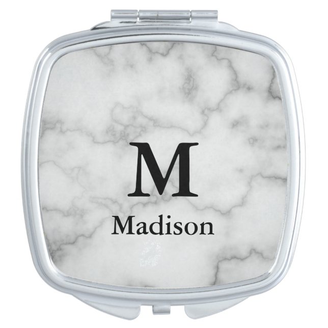 Elegant Faux White Marble Name & Monogram Compact Mirror (Front)